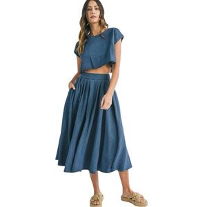 Mable Anthropologie Eda Crop Top and Midi Skirt Set S Blue Chambray Denim NWT